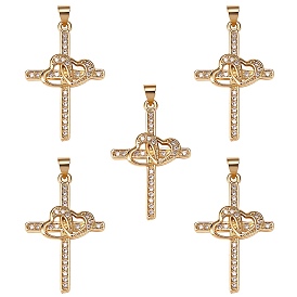 Brass Micro Pave Clear Cubic Zirconia Pendants, Long-Lasting Plated, Cross with Heart