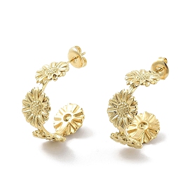Ion Plating(IP) Sunflower 304 Stainless Steel Stud Earrings, Half Hoop Earrings