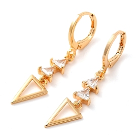 Rack Plating Golden Brass Dangle Leverback Earrings, with Cubic Zirconia, Triangle