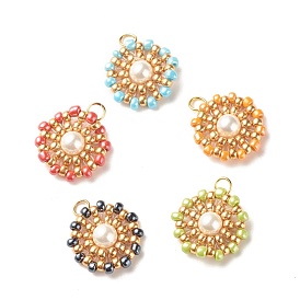 Shell Pearl Glass Seed Beads Pendants, with Golden Tone 304 Stainless Steel Loops, Flat Round