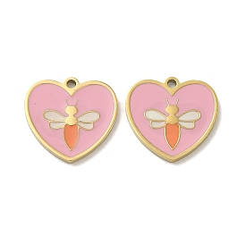 Ion Plating(IP) 316L Surgical Stainless Steel Pendants, with Enamel, Real 18K Gold Plated, Heart with Bee Charm
