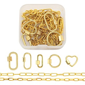 DIY Jewelry Set Making, Necklace with Brass Screw Carabiner Lock Charms and Unwelded Iron Paperclip Chains