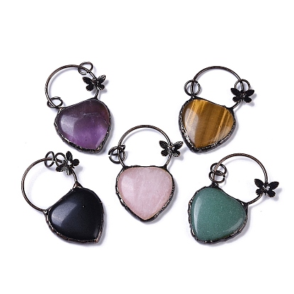 Corazón de piedras preciosas colgantes grandes, anillo de latón chapado en cobre rojo y dijes de mariposa