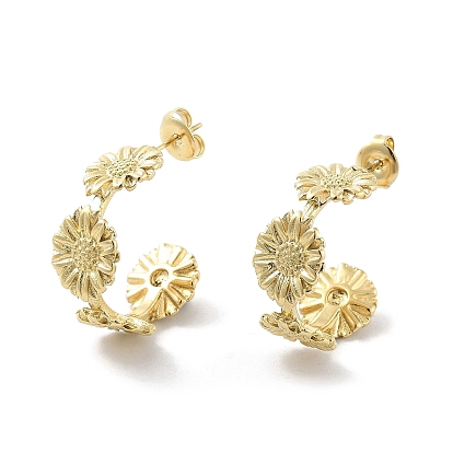 Ion Plating(IP) Sunflower 304 Stainless Steel Stud Earrings, Half Hoop Earrings