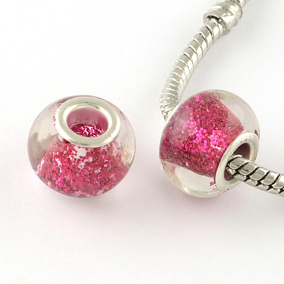 Handmade Lampwork European Large Hole Beads, with Glitter Powder inside and Silver Color Plated Brass Cores, Rondelle, 14x9~10mm, Hole: 5mm