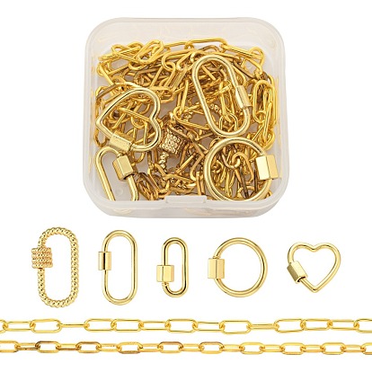 DIY Jewelry Set Making, Necklace with Brass Screw Carabiner Lock Charms and Unwelded Iron Paperclip Chains