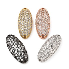 Rack Plating Brass Micro Pave Clear Cubic Zirconia Oval Connector Charms, Long-Lasting Plated, Lead Free & Cadmium Free