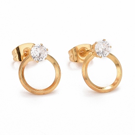 Ring SteelStud Earrings, with 316 Stainless Steel Pin & Glass Imitation Cubic Zirconia