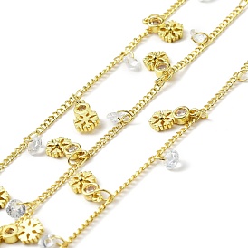 Handmade Eco-friendly Brass Curb Chain, with Snowflake and Clear Cubic Zirconia Charms, Long-Lasting Plated, Soldered, with Spool