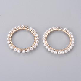 Rack Plating Iron Pendants, with Plastic Imitation Pearl Beads, Ring/Circle, White