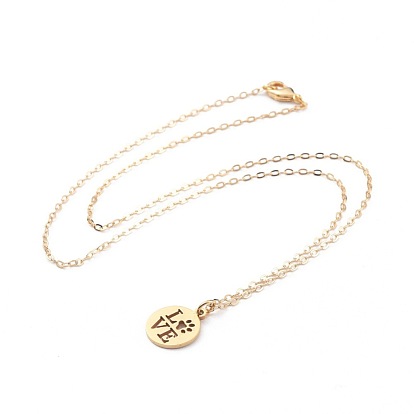 304 Stainless Steel Pendant Necklaces, with Brass Cable Chain and Lobster Claw Clasps, Flat Round with Word Love