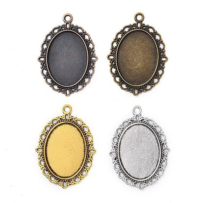 Zinc Alloy Oval Pendant Cabochon Settings, DIY Findings for Jewelry Making, Cadmium Free & Lead Free, Tray: 25x18mm, 39x29x2mm, Hole: 2mm