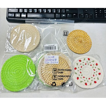 8Pcs 4 Styles Rattan & Cotton Mat, Kitchen Hot Mats, for DIY Craft Supplies, Flat Round