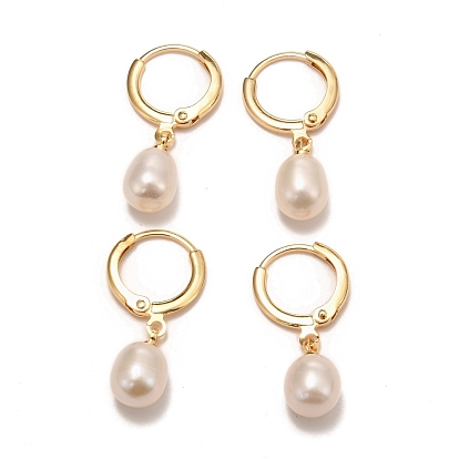Brass Hoop Earrings, with Natural Pearl, Long-Lasting Plated, Real 18K Gold Plated