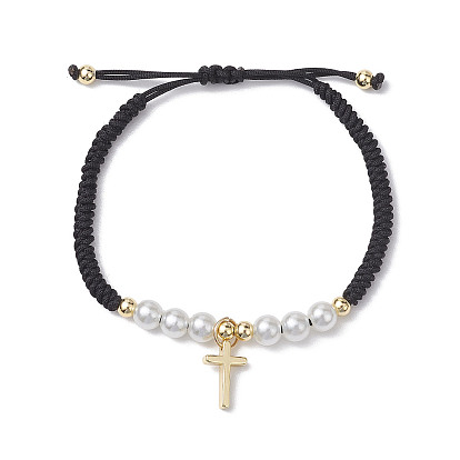Pulseras de cuentas trenzadas de perlas de imitación de plástico ABS redondas ajustables de 6 mm, pulseras con dijes de cruz de latón para mujer