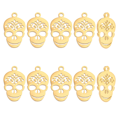 10Pcs 201 Stainless Steel Pendants, Manual Polishing, Sugar Skull, For Mexico Holiday Day of the Dead