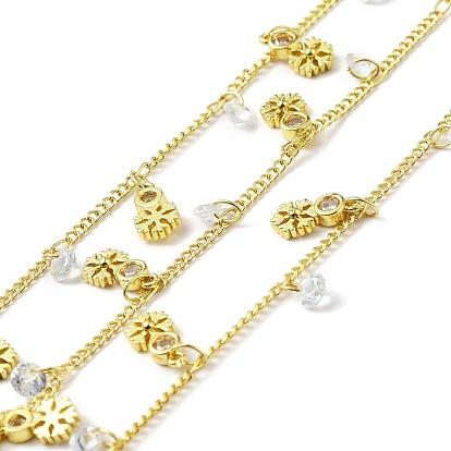 Handmade Eco-friendly Brass Curb Chain, with Snowflake and Clear Cubic Zirconia Charms, Long-Lasting Plated, Soldered, with Spool