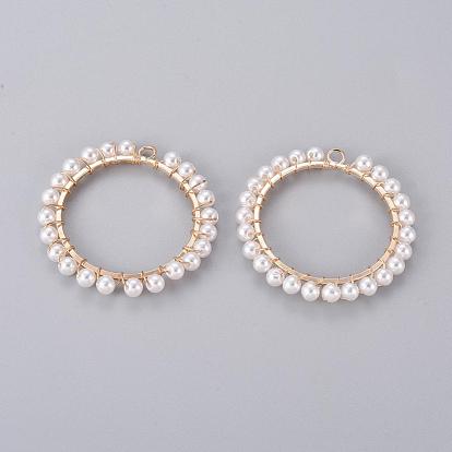 Rack Plating Iron Pendants, with Plastic Imitation Pearl Beads, Ring/Circle, White
