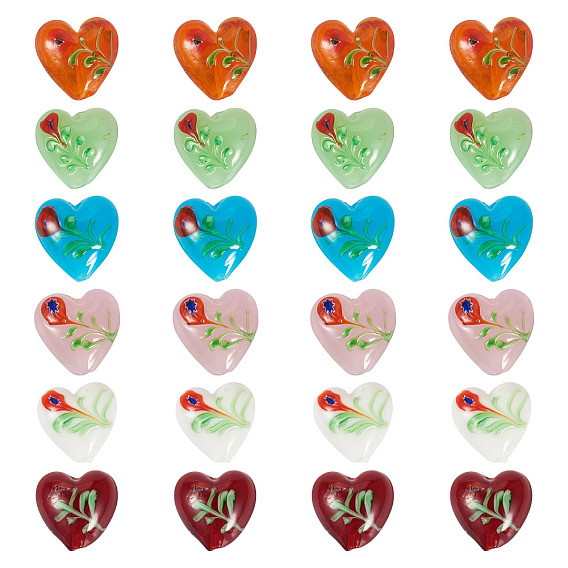 24 шт. 6 цвета, бусины ручной работы из стекла миллефиори с неровностями, Сердце & цветок