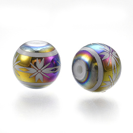 Perles en verre electroplate, ronde avec motif de fleurs