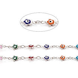 Handmade Brass Link Chains, with Enamel and Spool, Soldered, Long-Lasting Plated, Star with Evil Eye