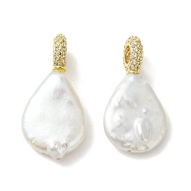 Подвески из натурального барочного жемчуга кеши, Подвески в виде цветка в форме капли с латунными микропаве из прозрачных кубических цирконий., золотые, белые