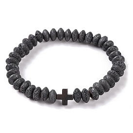 Cross Synthetic Non-magnetic Hematite & Rondelle Natural Lava Rock Beaded Stretch Bracelets for Women