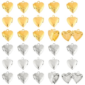 40Pcs 2 Colors Brass Locket Pendants, Photo Frame Charms for Necklaces, Heart