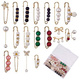 20Pcs Acrylic Pearl Beaded Safety Pin Brooches, Rhinestone Flower & Butterfly & Bowknot Lapel Pin Badges, Golden Alloy Sweater Shawl Clips for Women