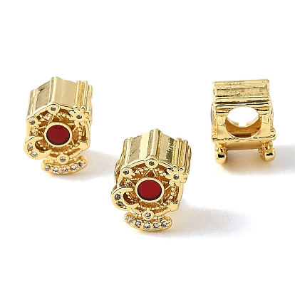Micropave de latón transparente cubic zirconia cuentas europeas, con esmalte rojo, noria con luna, abalorios de grande agujero, chapado en rack, larga duración plateado, sin plomo y el cadmio