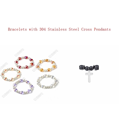Glass & Glass Pearl Beads Stretch Bracelets, with 304 Stainless Steel Cross Pendants