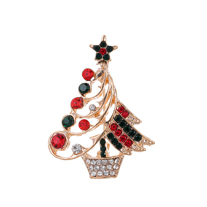 Christmas Tree Alloy Rhinestone Brooches, Enamel Pins, Light Gold
