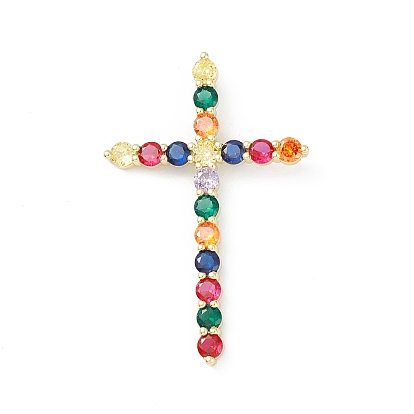 Brass Micro Pave Cubic Zirconia Big Pendants, Real 18K Gold Plated, Cross Charm, Religion