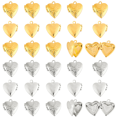 40Pcs 2 Colors Brass Locket Pendants, Photo Frame Charms for Necklaces, Heart