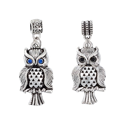 Tibetan Style Alloy Rhinestone European Dangle Charms, Owl