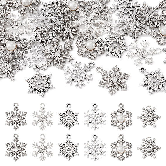 36pcs 6 Stile legieren Strassanhänger, Mit Harzperle, Schneeflockenzauber