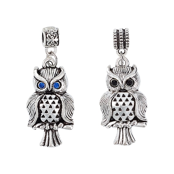 Tibetan Style Alloy Rhinestone European Dangle Charms, Owl