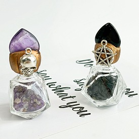 Glass Polygon Pendant with Natural Mixed Stone Chips Inside, Skull Wish Bottle Pendant Decorations