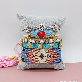 Boho Chic Miyuki Beaded Bracelet Set with Heart CZ Studs and Geometric Metal Chains