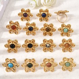 304 Stainless Steel Cuff Open Rings for Women, Flower, with Gemstone, Ion Plating(IP), Golden