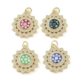 Brass Micro Pave Clear Cubic Zirconia Pendants, with Enamel and Shell & Jump Ring, Real 18K Gold Plated, Sun Charm