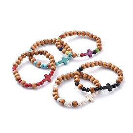 Bracelets élastiques, avec des perles de bois et des perles synthétiques de turquoise (teintées), croix