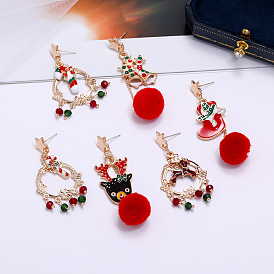 Asymmetrical Five-pointed Star Pendant Christmas Mascot Earrings with Pom-pom