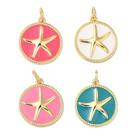 Rack Plating Brass Enamel Pendants, with Jump Ring, Long-Lasting Plated, Lead Free & Cadmium Free, Real 18K Gold Plated, Flat Round with Starfish Charm
