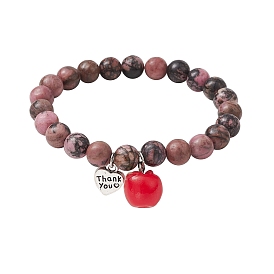 Teachers' Day Thank You 8mm Round Natural Gemstone Stretch Bracelets, Apple Resin Charm Bracelets for Women