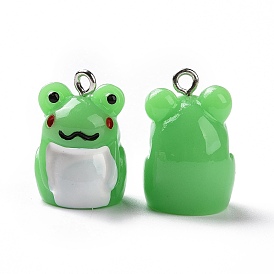 Opaque Resin Pendants, Frog Charms, with Platinum Tone Iron Loops