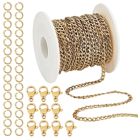 Набор для изготовления ожерелья-цепочки с кубинскими звеньями «сделай сам», включая 304 цепи с кубинскими звеньями из нержавеющей стали и застежки-карабины