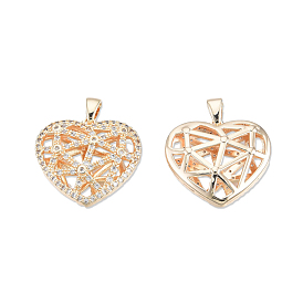 Brass Pave Clear Cubic Zirconia Pendants, with Brass Snap on Bails, Cadmium Free & Nickel Free & Lead Free, Heart