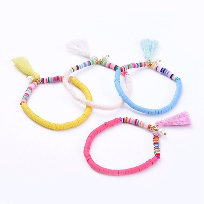 Étirer bracelets de charme, avec des perles heishi en pâte polymère, glands de fil de coton, perles de verre et perles de laiton