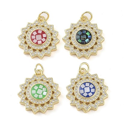 Brass Micro Pave Clear Cubic Zirconia Pendants, Cadmium Free & Lead Free, with Enamel and Shell & Jump Ring, Real 18K Gold Plated, Sun Charm